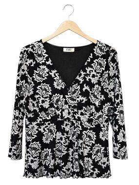 Vintage Womens Y2K Floral Babydoll‎ Top Large Black White Wrap 90s Fairy Grunge